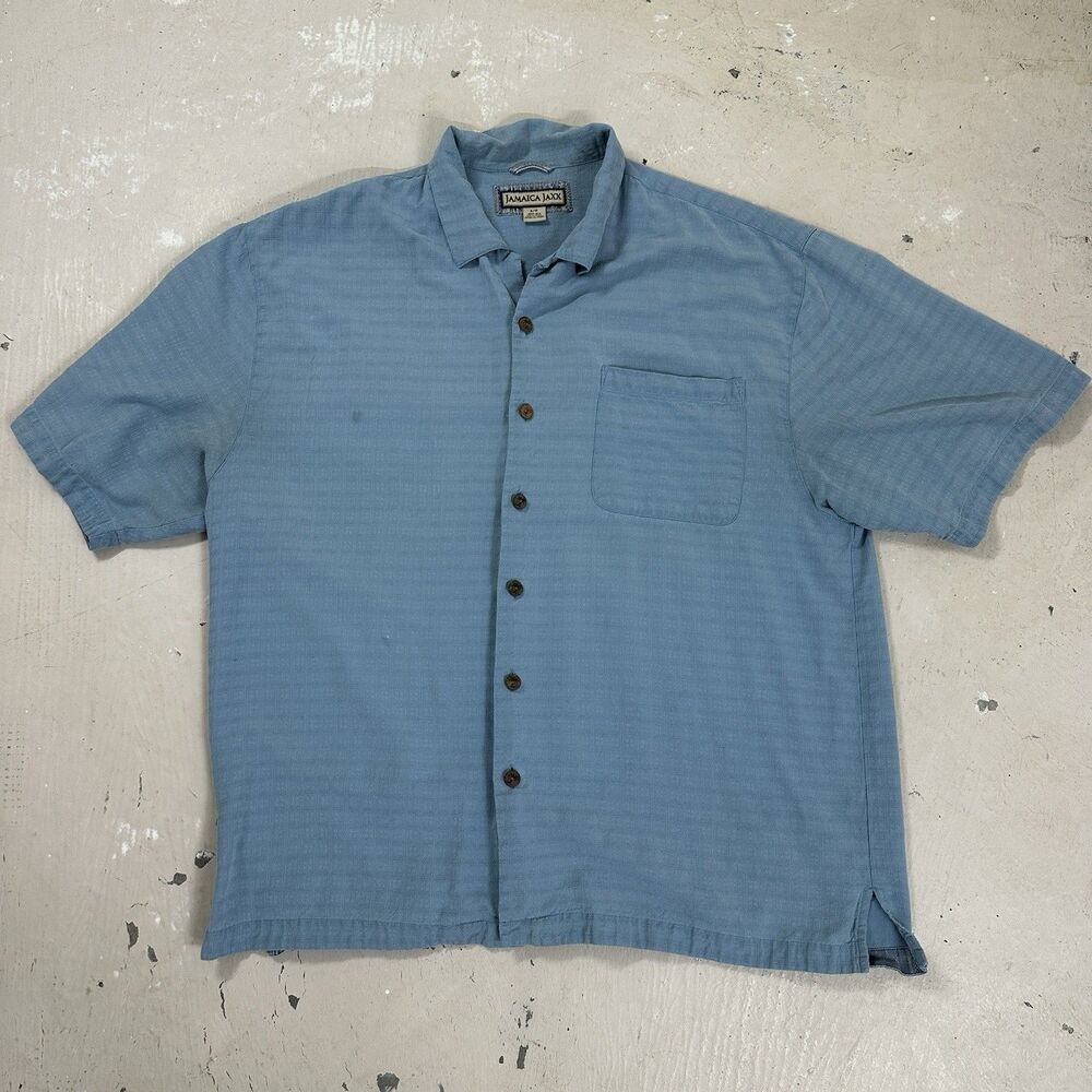 Jamaica Jaxx Silk Embroidered Button Down Shirt Large Baby Blue